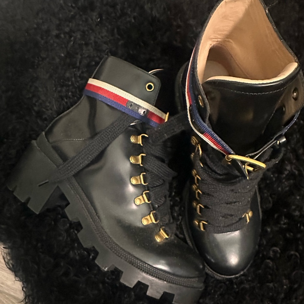 Gucci Black Leather Combat Moto Boots with Red-White-Blue Trim